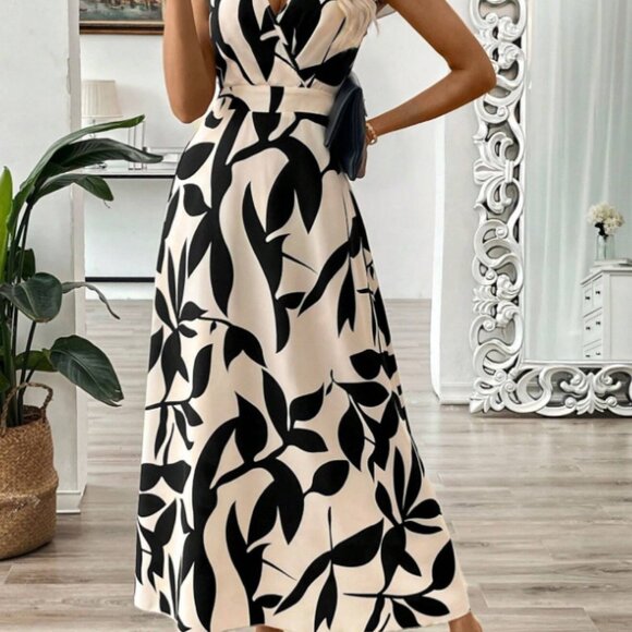 Black & White Leaf Wrap Midi Dress – Surplice Fit, Cap Sleeves (Sizes S–XL, NWT) - Picture 5 of 6